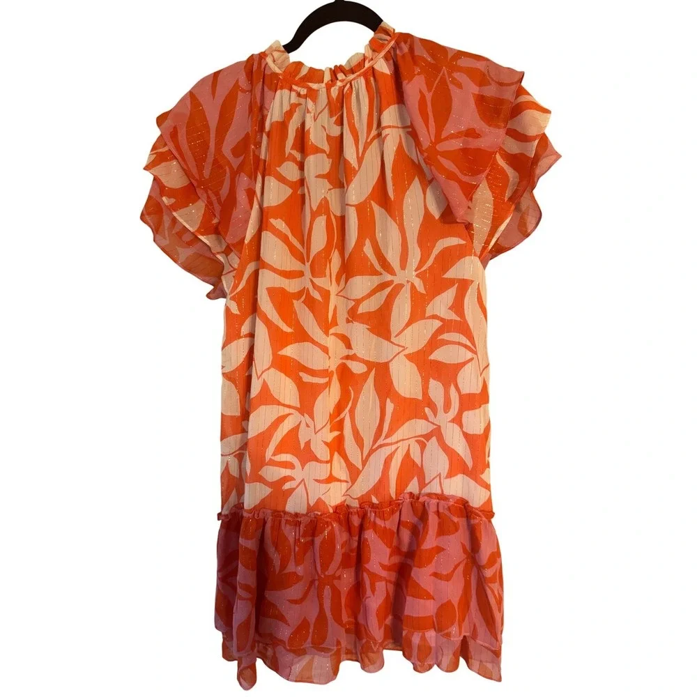 Marie Oliver‎ Women's Ruffle Sleeve Mini Dress Orange Pink Leaf Print Size Large - Picture 3 of 4